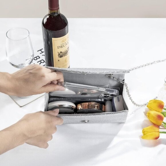 Women Silver Sparkly Rhinestone Clutch for Party Prom - Picture 6 of 8